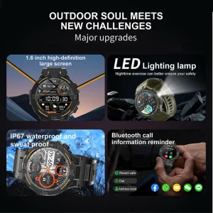 Smartwatch Military Men 360*360 HD Screen Flashlight Health Monitor Waterproof Heart Rate BT Call Smart Watch