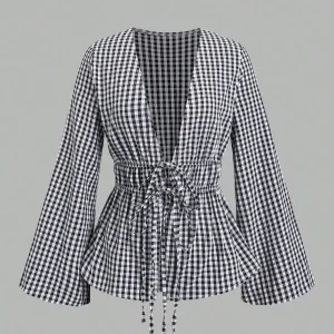 Striped Tie Bow Puff Sleeve Shirt
