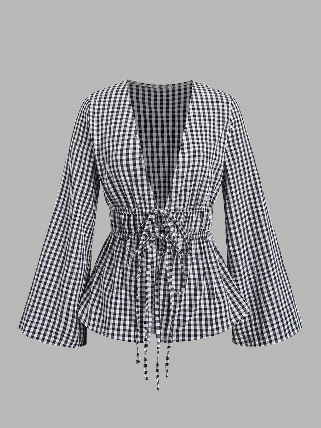 Striped Tie Bow Puff Sleeve Shirt - Image 11