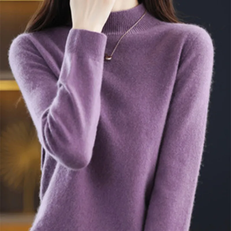 Half High Solid Color Cashmere Sweater For Women Loose Pullover Autumn and Winter Contracted Commuter Basic Knitwear Top Base - الصورة 19