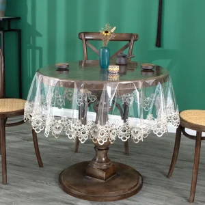 PVC Transparent Embroidered Lace Tablecloth with Drooping Soft Tablecloth Household Round Table TableclothTable Cloth Waterproof