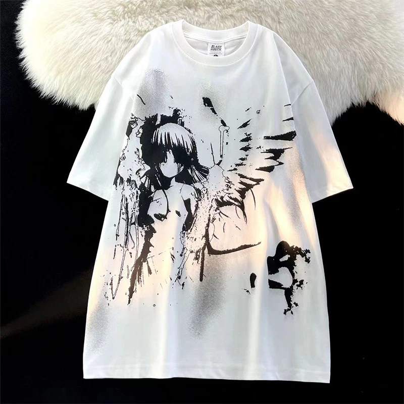 Retro Angel Print Short-sleeved Women T-shirt Summer Harajuku Casual Loose Cotton Oversize Women's T-shirts Female Clothing - الصورة 2