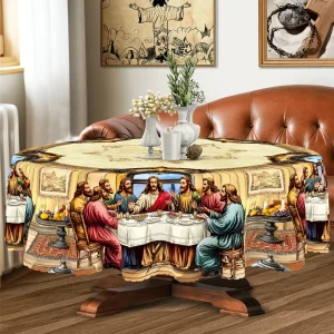 1 Piece, the Last Dinner Theme Tablecloth + 4 Self-Adhesive, Retro Scene Printing, Embossed Edge, Woven Polyester Fabric, Round/Rectangular Tablecloth, for Home Decoration, Kitchen Decoration, Outdoor Garden, Holiday Party, Restaurant Banquet Decoration-Oo-024