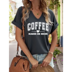 Women's V-Neck "Coffee Makes Me Nicer" Graphic Tee, Funny Coffee Lover Print T-Shirt, Casual Short Sleeve Top
