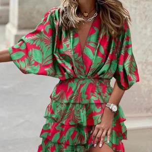 Women's Sport Dress V-Neck Loose Batwing Sleeve Elastic Waist Printed Dress Mini Casual Ruffle Hem Dresses