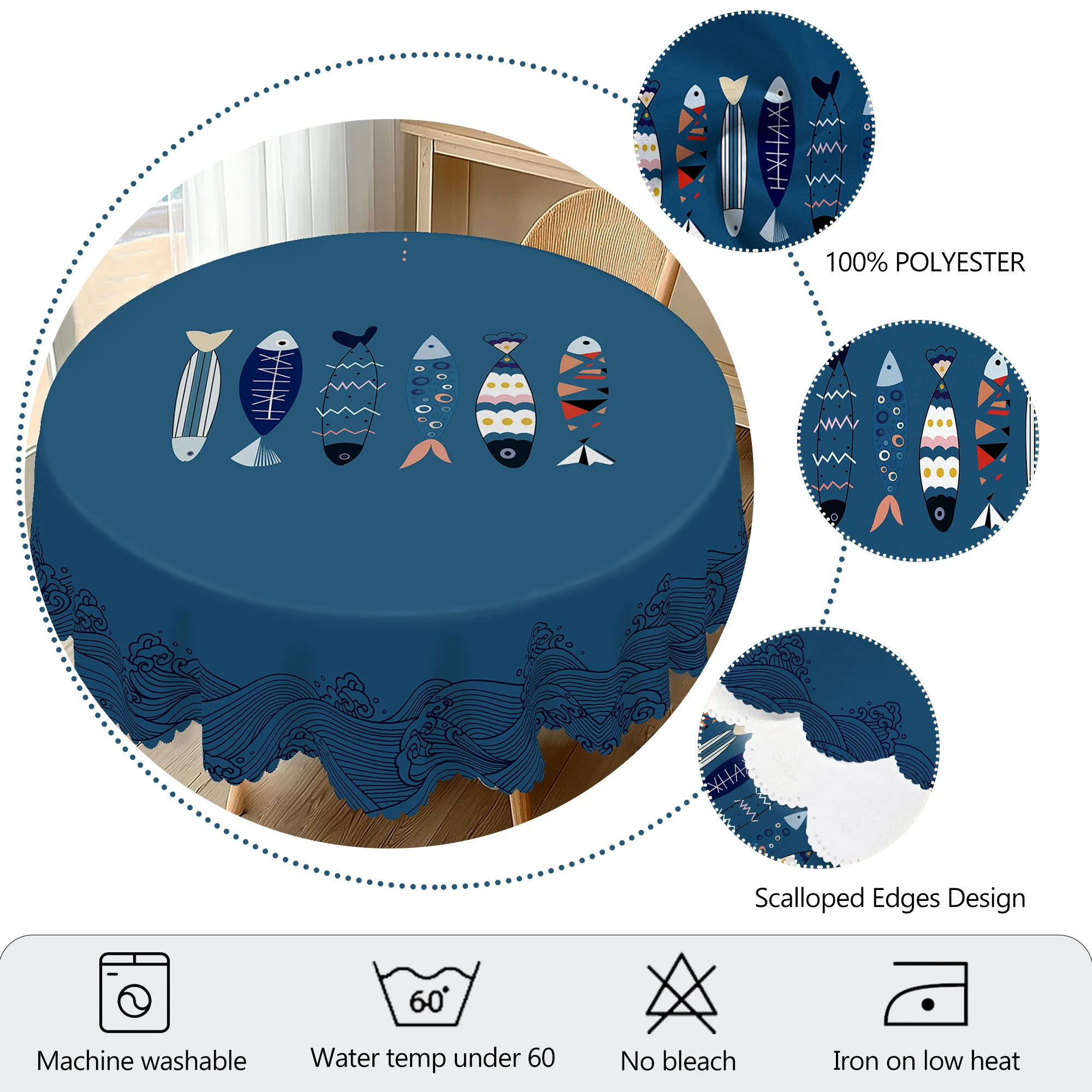 1 Piece of Summer Simple Ocean Style Printed Round Tablecloth, Geometric Fish Pattern Rectangular Tablecloth, Party Tablecloth, Home Table Decoration, Courtyard Camping Table Decoration, Table Cover for Daily Home Kitchen, Restaurant Terrace Indoor and Outdoor Use - Image 5