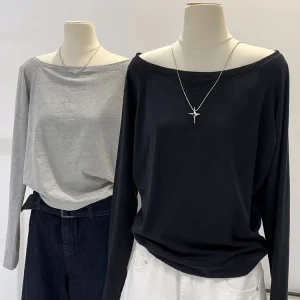 Oversize Off shoulder Long sleeve T shirt Women Solid color Casual Tops Lady Spring Autumn Basic Tees Korean style Youth Blouses