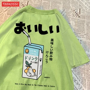 Cute Japanese Cat Print Oversized T-shirt Women Men Short Sleeve Loose Casual Tee Shirt Streetwear Tops Cotton Harajuku Clothing