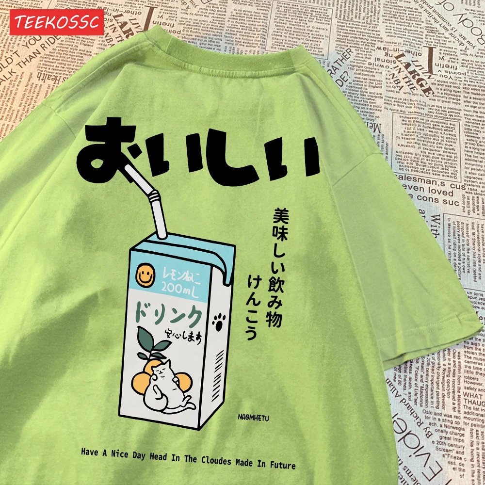 Cute Japanese Cat Print Oversized T-shirt Women Men Short Sleeve Loose Casual Tee Shirt Streetwear Tops Cotton Harajuku Clothing - الصورة 11