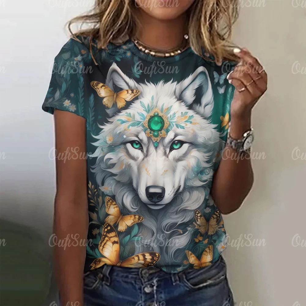 New T-shirt For Women Wolf Print Tees O Neck Loose Short Sleeve Blouse Female Fashion Animal Graphic Tops Harajuku Streetwear - الصورة 19