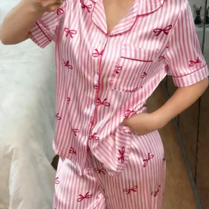 Summer Silk Satin Women Pajamas Set Button Down Top & Pants 2 Pieces Sleepwear Notched Collar Nightwear Loungewear for Women