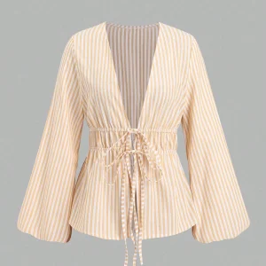 Striped Tie Bow Puff Sleeve Shirt