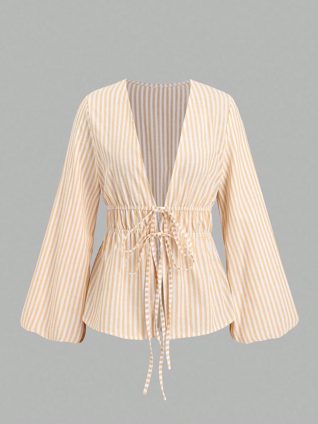 Striped Tie Bow Puff Sleeve Shirt - Image 7