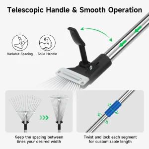 160CM Metal Garden Rake With Adjustable Handle for Leaves, Thatch, and Lawns - Heavy Duty Leaf Collector for Garden and Yard
