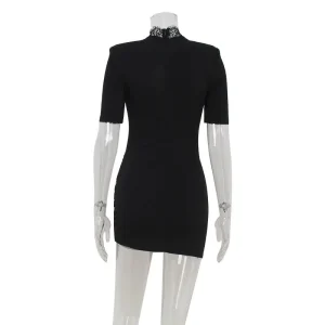 Lace Patchwork Hollow Out Bodycon Sheath High Collar Women Dresses Half Sleeves Outfits Sexy Club Fashion Female Mini Vestidos
