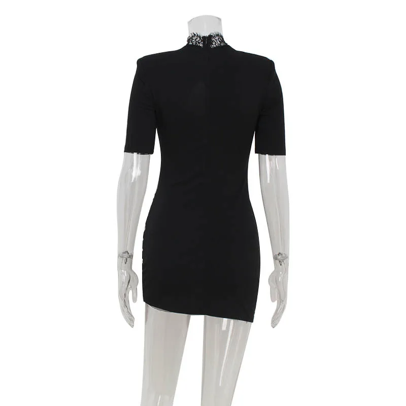 Lace Patchwork Hollow Out Bodycon Sheath High Collar Women Dresses Half Sleeves Outfits Sexy Club Fashion Female Mini Vestidos - Image 5