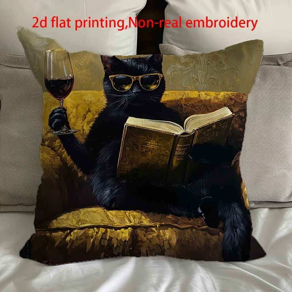 Cool Black Cat Reading Book with Wine Glass 2D Printed Pillow Cover Sofa cushion cover, home decoration, 2D printing - Image 2