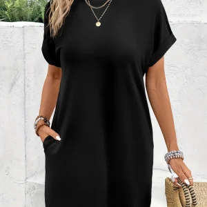 Loose Fit T-Shirt Dress with Pockets, Soft Breathable Summer Mini Dress, Casual Short Sleeve A-Line Sun Dress for Women