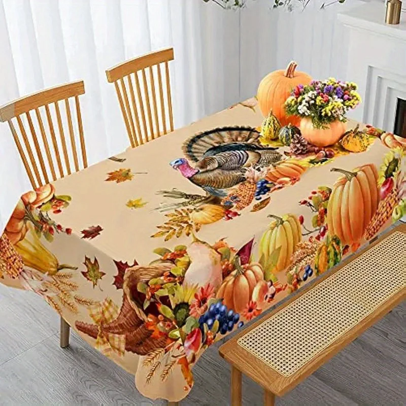 Thanksgiving Turkey Rectangle Tablecloths Autumn Pumpkin Flowers Maple Leaf Table Cover Kitchen Holiday Party Dining Table Decor - الصورة 2