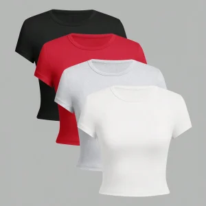 4 pieces Solid color basic short sleeved tight fitting T-shirt for women's casual summer minimalist women's style top O-neck