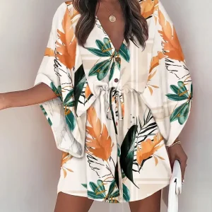 Summer Dress For Women 2024 New Floral Print Bat Half-Sleeve V-Neck Ruffle Irregular Hem Female Dress Casual Boho Women Clothes