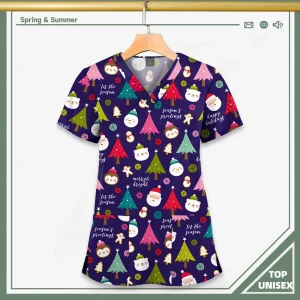 Surgical Uniform Printing Holiday Beautiful Shirt V-neck Style Pocket Design Blouse Surgical Top Woman Men Nurse Medical Uniform