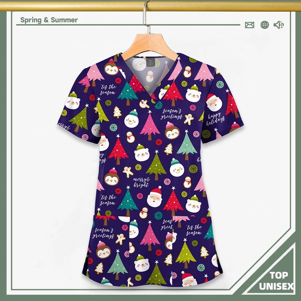 Surgical Uniform Printing Holiday Beautiful Shirt V-neck Style Pocket Design Blouse Surgical Top Woman Men Nurse Medical Uniform - الصورة 8