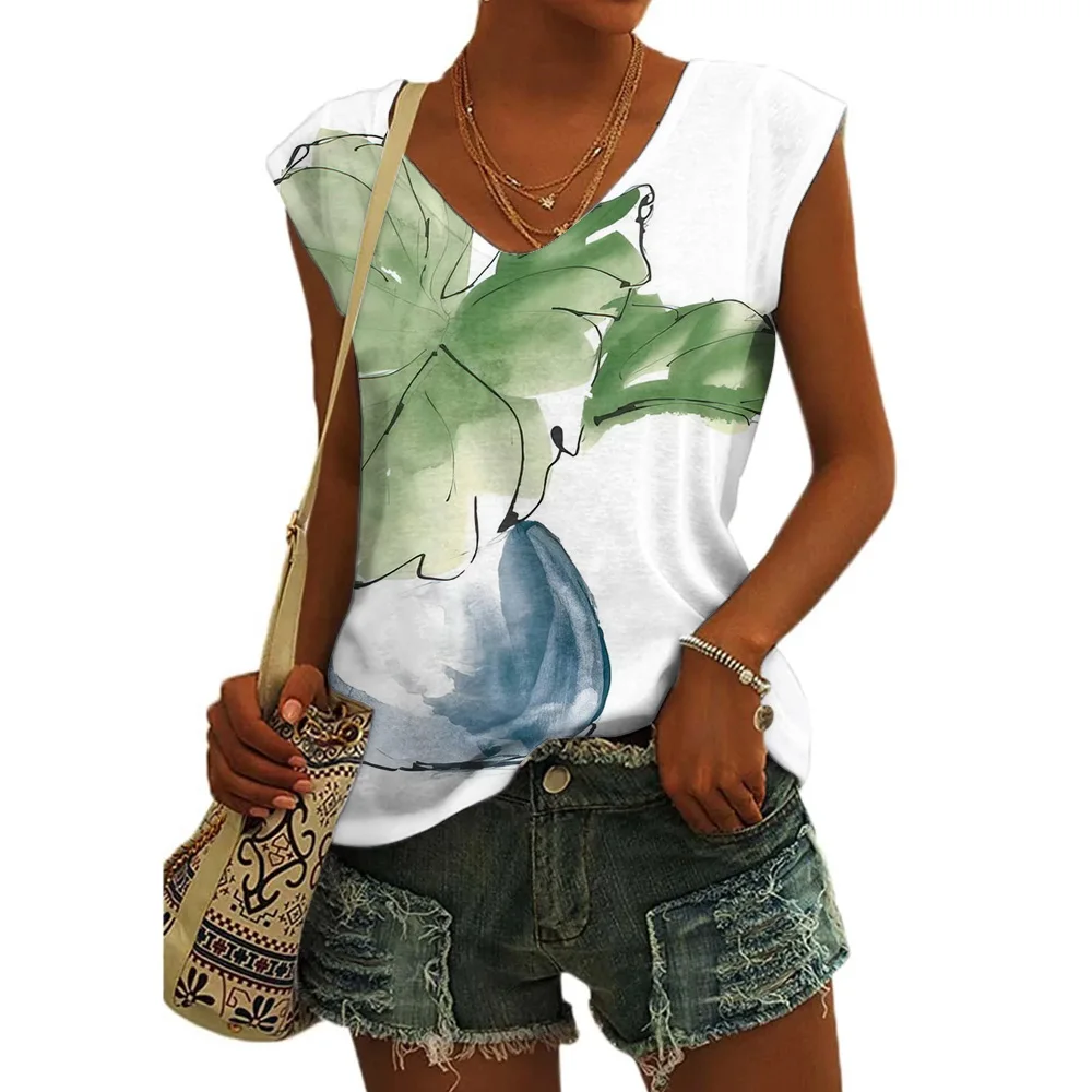 Women's Basic T-shirts Blue Flower Printed Breathable V Neck Cap Sleeves Tank Tops Vintage Summer Beach Loose Fit Tees Tops - Image 2