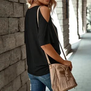 Women's Black Off Shoulder T-Shirt Asymmetrical Neck Batwing Short Sleeve Loose Fit Casual Spring Summer Daily Commuting Top