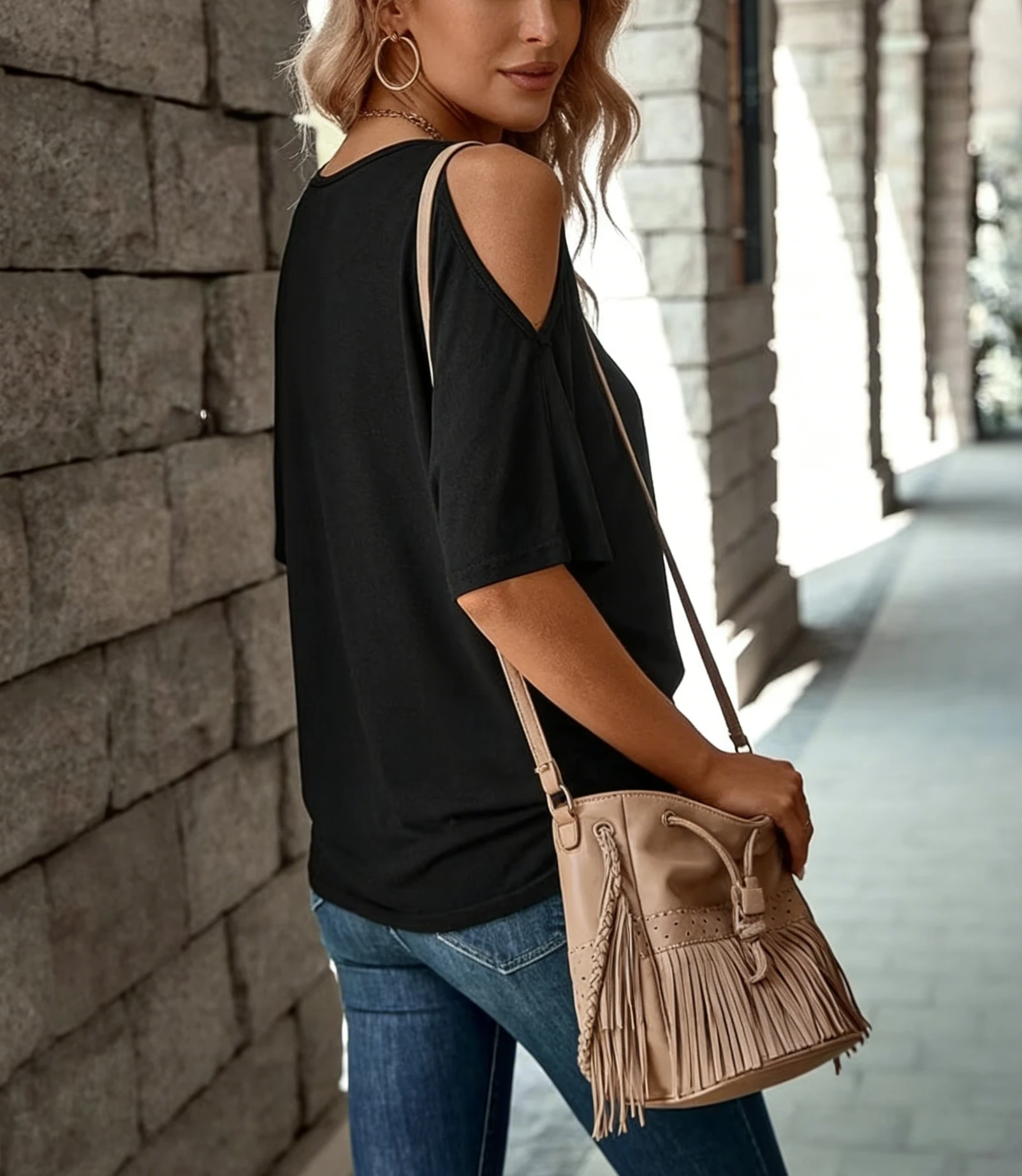 Women's Black Off Shoulder T-Shirt Asymmetrical Neck Batwing Short Sleeve Loose Fit Casual Spring Summer Daily Commuting Top - Image 2