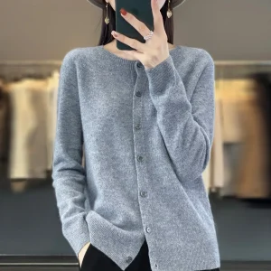 Fashion Women 100% Merino Wool Cardigans Cashmere Sweater Autumn Winter O-neck Long Sleeve Knitwear Female Basic Clothing Tops