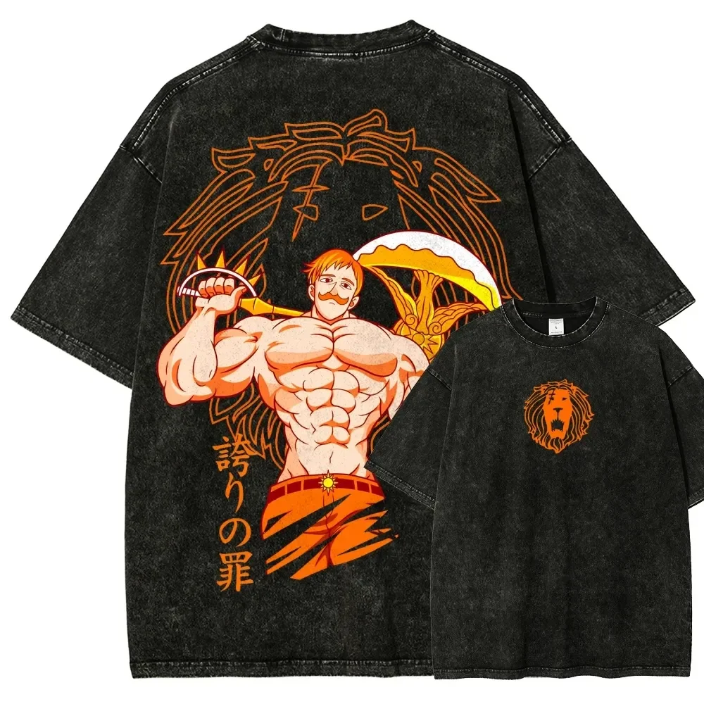Japan Hot-blooed Anime Seven Deadly Sins Escanor Graphic Print T-shirt Men Women Fashion Vintage Washed Cotton Tee Oversized Top - Image 4