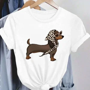 Womens Cute Dachshund Pattern T-shirt Round Neck Top Spring Autumn and Summer Everyday Casual Dog Print Shirt Fun Pattern Design
