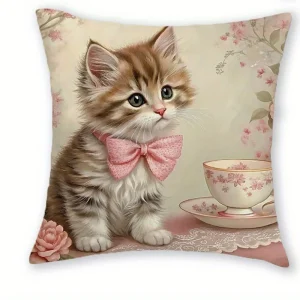 Adorable Kitten-Printed Pillowcases with Pink Bows and Floral Patterns Sofa cushion cover home room decoration 2D flat printing