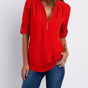 2025 Hot Sale Women Cool Loose Shirt Deep V Neck Chiffon Fashion Blouse Casual Ladies Tops Sexy Zipper Pullover Plus Size