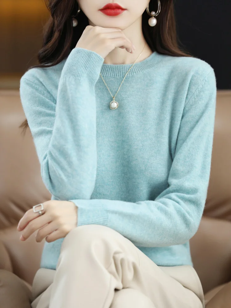 Fashion 100% Merino Wool Sweater Elegant Cashmere Pullover Women O-Neck Long Sleeve Knitwear Basic Clothing Jumper Tops - Image 9