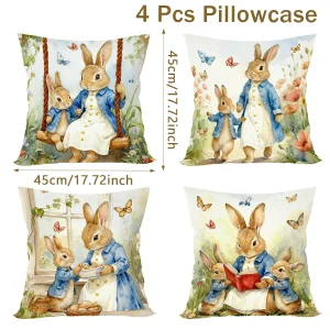4pcs/set Easter Bunny Pillow Covers 45cm Egg Hunting Theme Pillow Case Spring Flower Easter Decoration Home Decor