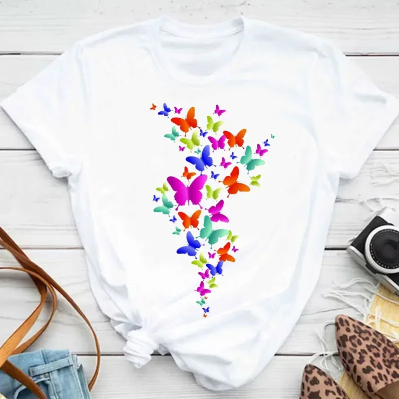 New Fashion Women T-shirt Colorful Butterfly Petal Print Short Sleeve and Round Neck Cute Graphic Tee Shirts Female Tops Clothin - Image 27