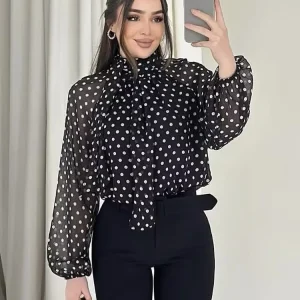 Women Polka Dot Print Blouse Casual High Collar Long Sleeve Lady Top Simple Women's Blouse Female Shirts & Blouses