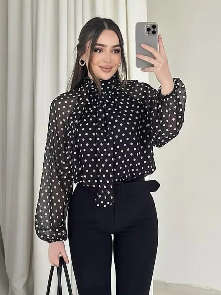 Women Polka Dot Print Blouse Casual High Collar Long Sleeve Lady Top Simple Women's Blouse Female Shirts & Blouses - Image 2