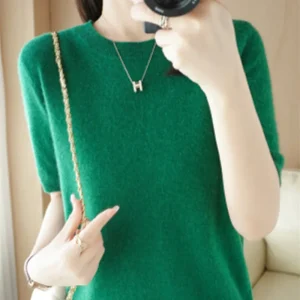 Spring and Summer New Short-sleeved Women O-neck Slim Wool Cotton Blend Pullover Vest T-shirt Knitted Base Sweater