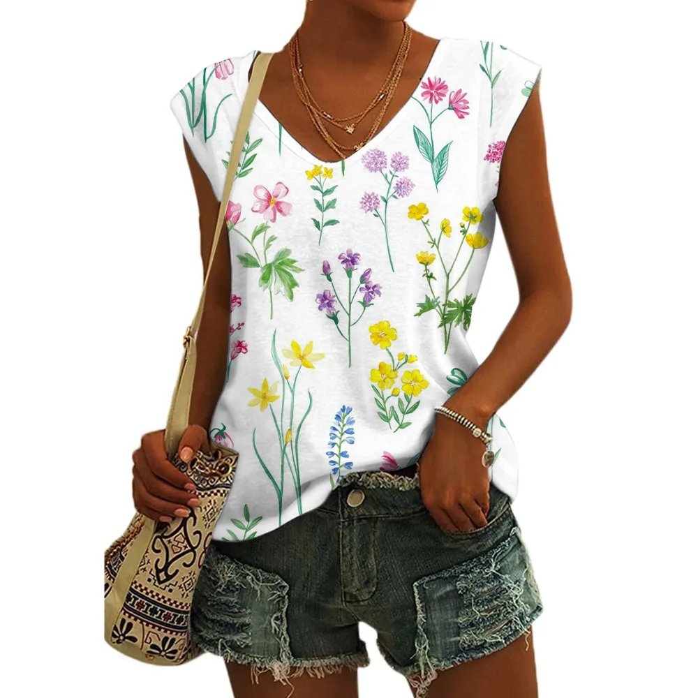 Women's Basic T-shirts Blue Flower Printed Breathable V Neck Cap Sleeves Tank Tops Vintage Summer Beach Loose Fit Tees Tops - Image 24