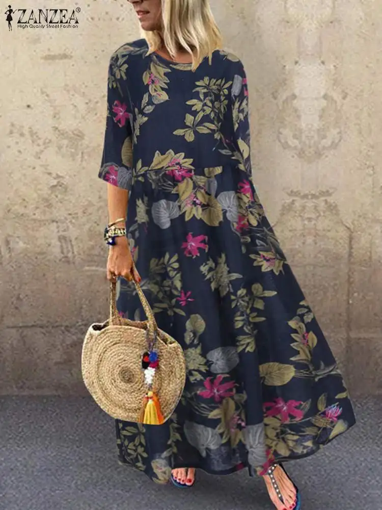 Women's Summer Short Sleeve Sundress ZANZEA Woman Floral Printed Dress Bohemian Elegant Casual Oversized Holiday Long Dresses - الصورة 7