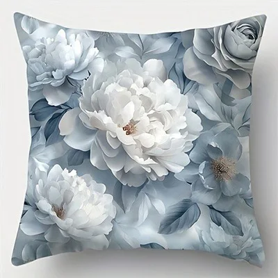 Floral Pillowcase: White & Gray Blooms ,Sofa bedroom cushion cover, single-sided printing, without pillow core - Image 5