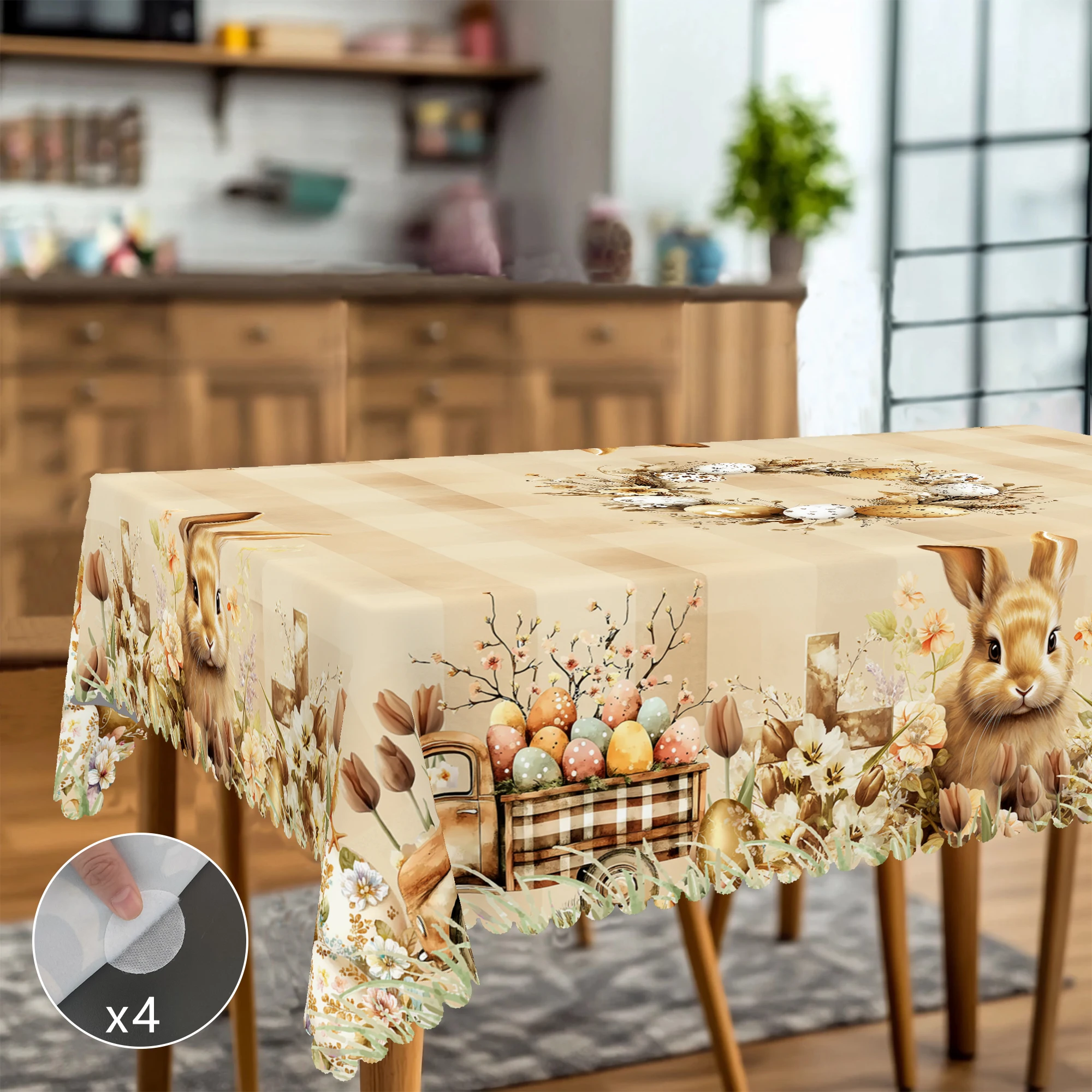 1 Piece of Easter Round Tablecloth, Available in 5 Sizes, Featuring Cute Bunny and Baby Chick Designs Paired with Painted Eggs, Plaid Truck Full of Spring Bouquets and Wreaths Wrapped Around Gilded Egg Decorations, Round Printed Tablecloth with Embossed Edges, Easter Spring Garden Tablecloth Decorat