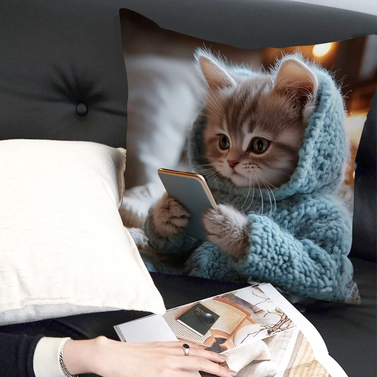 Cute Kitten in Hoodie Pillowcase: Cozy and Adorable for Your Home! Sofa cushion cover, home decoration, 2D printing - Image 2