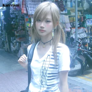 Karrram Japanese Y2k Piano Key Print T-shirt Vintage Harajuku V-neck Tops Trashy 2000s Style Short Sleeve T Shirt American Retro