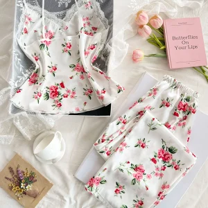 Women 2 Piece Set Elegant And Romantic Printed V Neck Lace Top And Pants Comfortable And Breathable Women's Clothing