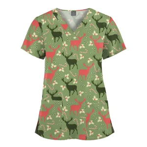 Wholesale Polyester Spandex Uniforms Beautiful Hospital Scrubs Tops Women Nurse Printed Scrub Top Healthcare Nursing Scrub Shirt