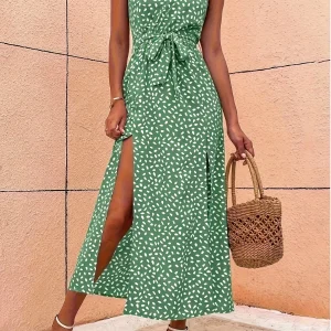 Elegant Ladies Spotted Print Split-Design Halter Dress with Waist-Cinching Feature Fashionable Women's Summer Dress